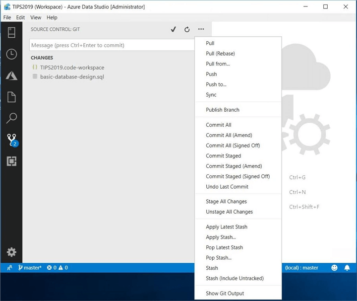 Azure Data Studio - Install Program - Source Control - An ADS editor connected to Git Hub should have these options.