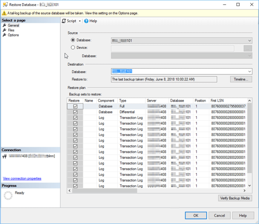 This SSMS restore database wizard window immediately offered up a point in time restore using information from MSDB. 