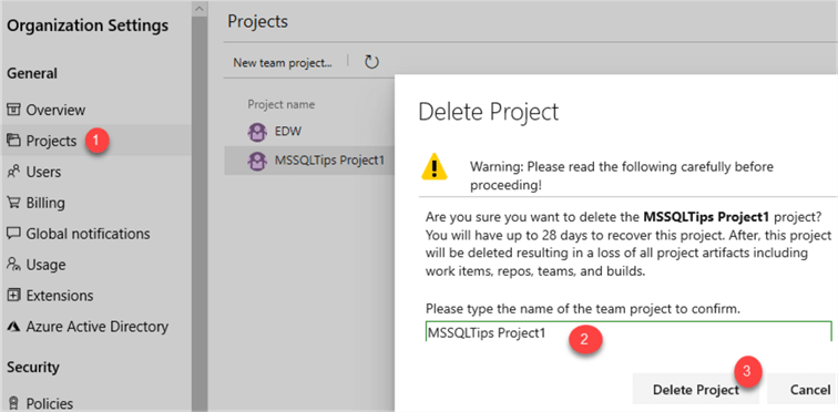 MSSQLTip11_AzureBoardsDeleteProjects2 Steps for deleting a project from Org Settings 