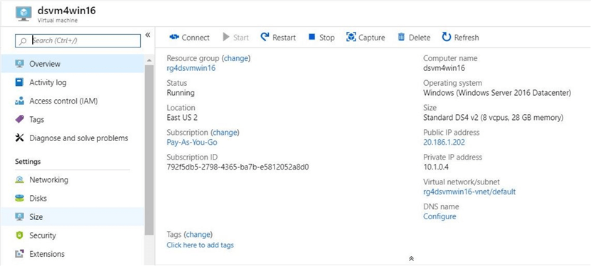 The settings of the Windows VM viewed in the Azure Portal.