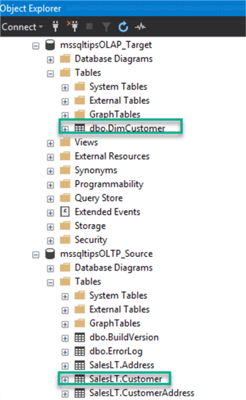 SSMS view of source and target db