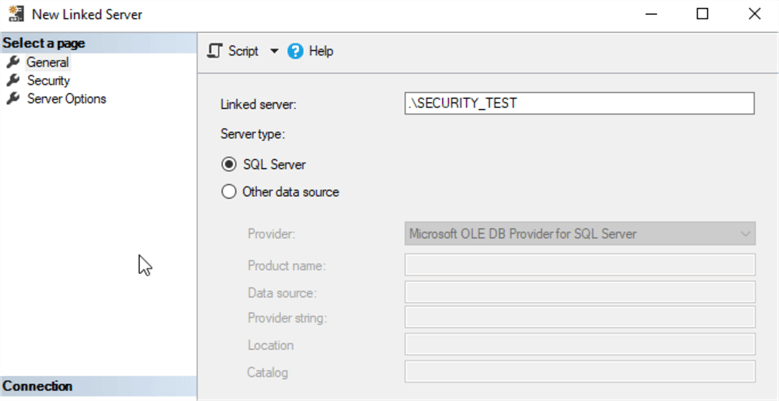 On the wizard window that pops up there is a box that says Linked Server.  In that box type in the name of another instance of SQL Server.  There is a radio button to choose a type.  In this example we are choosing the SQL Server radio button.