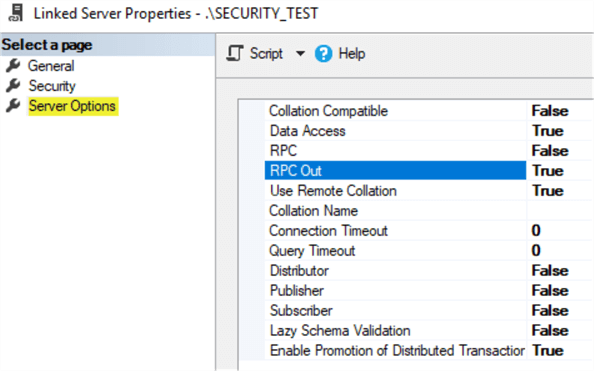 This screenshot shows the RPC Out setting on the properties window of the Linked Server.