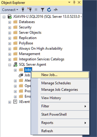 Begin to configure a SQL Server Agent Job in Management Studio