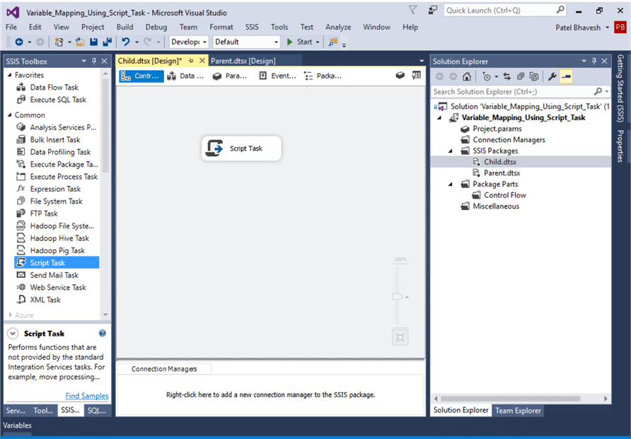 I took script task from SSIS toolbox.