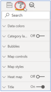 Formatting options in Bubble map visualization in Power BI Desktop.