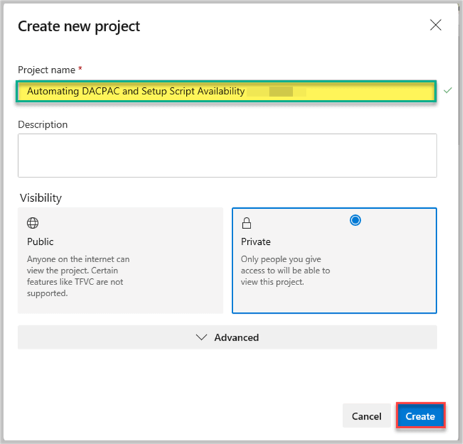 Creating a new Azure DevOps project.