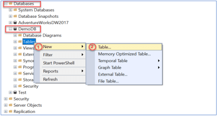 How to create table using Server Management Studio