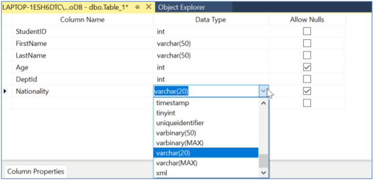 Creating a table in SQL Server Management Studio (SSMS)