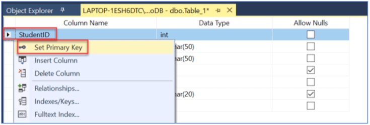 Set Primary Key using SQL Server Management Studio (SSMS) Table Designer.