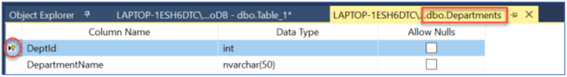 Departments table using SQL Server Management Studio (SSMS) Table Designer.