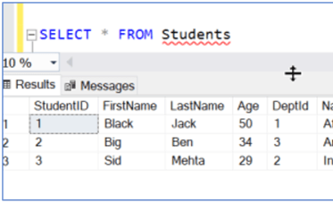 Querying data from the table in SQL Server Management Studio (SSMS).