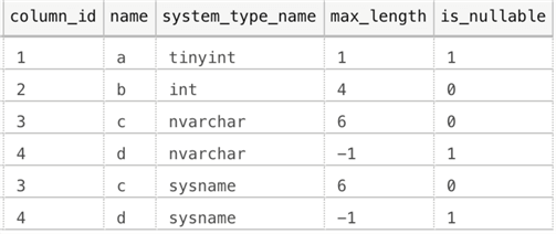 Results of join between sys.columns and sys.types