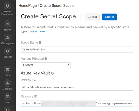 Secret Score Create Secret Scope form