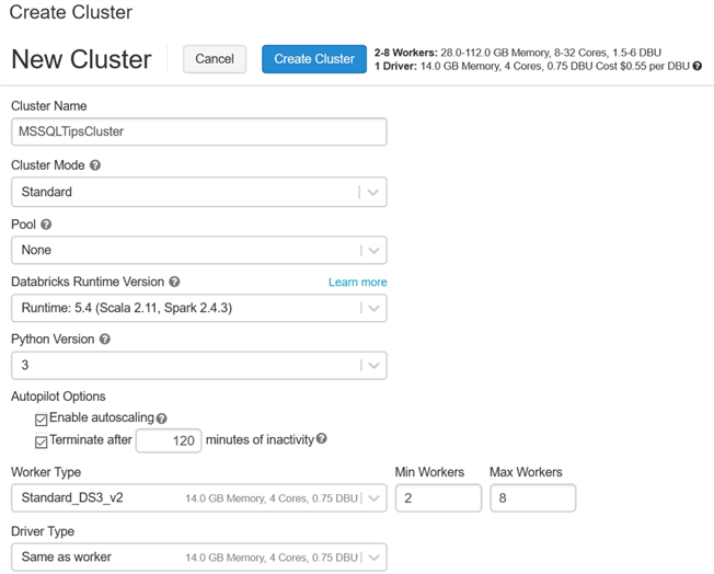 Cluster Config Options Form for creating a new cluster