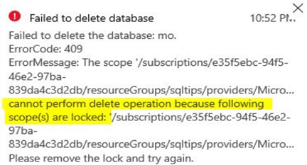 azure delete lock failure message