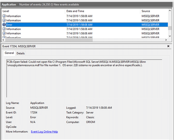  El registro de eventos muestra el archivo mssqlsystemresource.mdf no se encuentra.