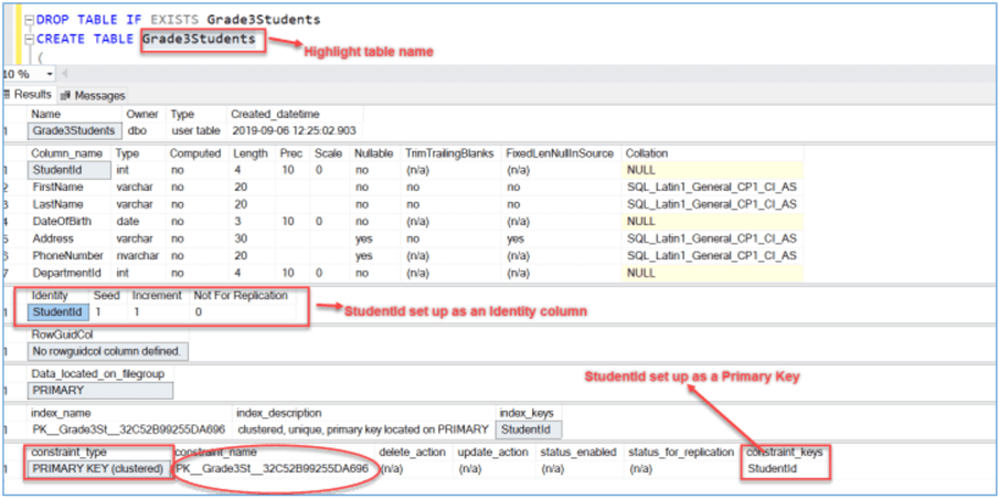 Setting Primary key and Identity property using T-SQL in SQL Server Management Studio.