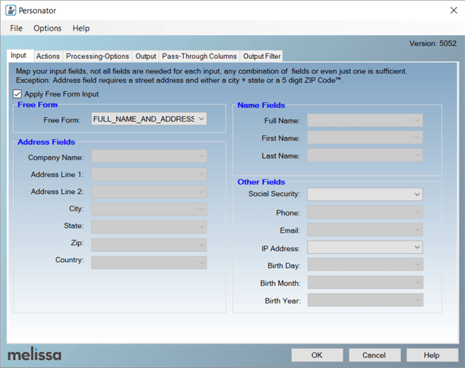 Configure the Personator SSIS component Input tab