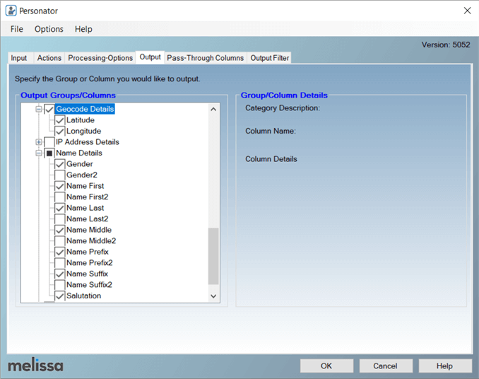 Configure the Personator SSIS component Output tab