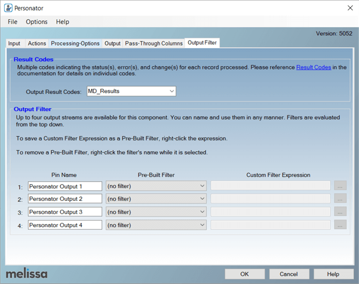 Configure the Personator SSIS component Output Filter tab