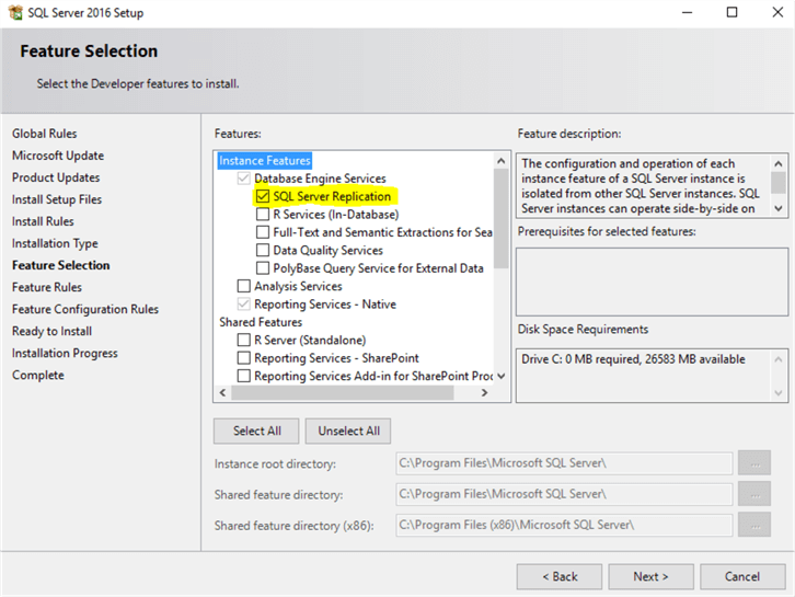 select features for sql server installation