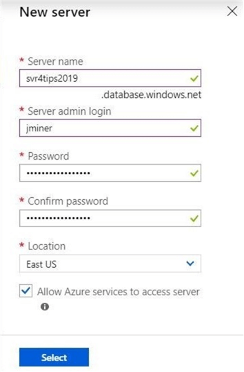 Azure Serverless Database - Create new server in given location with selected password.