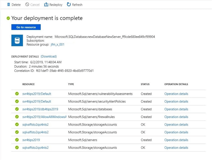 Azure Serverless Database - The deployment action from the portal lists all the objects that are deployed.