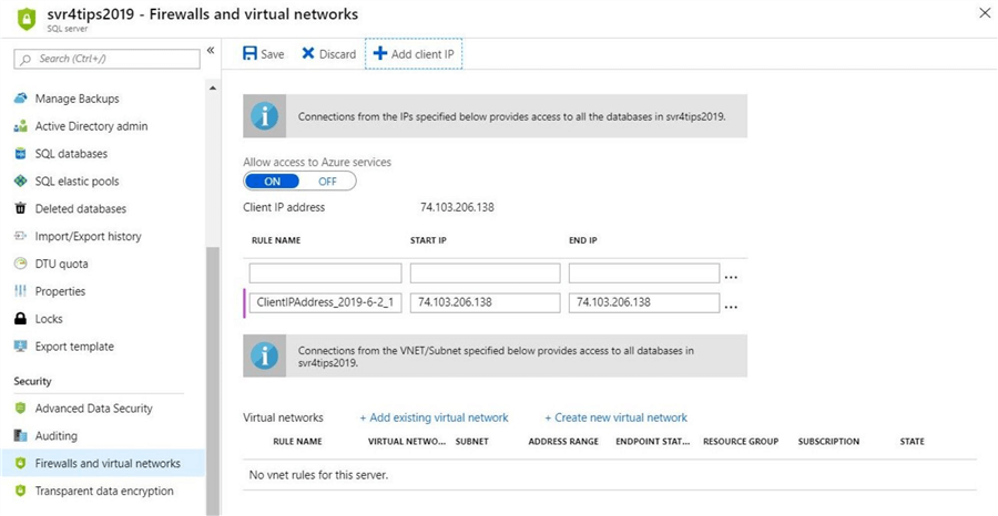Azure Serverless Database - Add a client ip rule to the firewall is necessary for access.