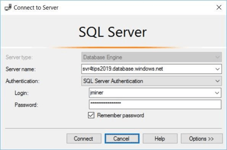 Azure Serverless Database - Logging into the database using SSMS.