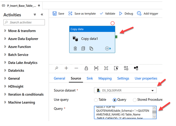 P_Insert_Base_Table_Info Copy Data &#xA;step to configure P_Insert_Base_Table_Info Copy Data activity