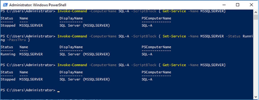 Obtaining status of SQL Server default instance on remote computer and starting it up using PowerShell.