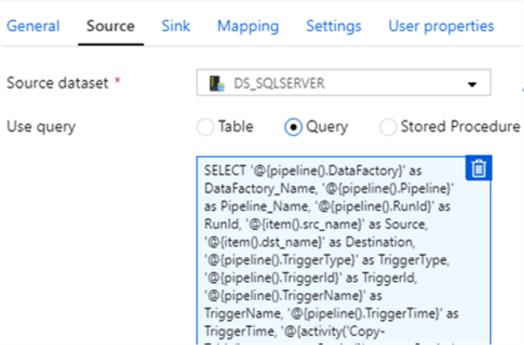 SQL_logSource Source dataset and query config for SQL Log Table