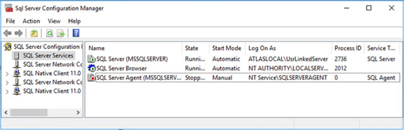 Using SQL Server Configuration Manager to see the Agent service account name.