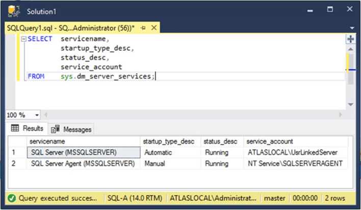 Querying the sys.dm_server_services dynamic management view to see the Agent service account name.