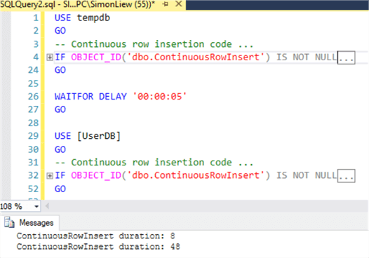 The same code completed in 8 seconds on TempDB and 48 seconds in UserDB