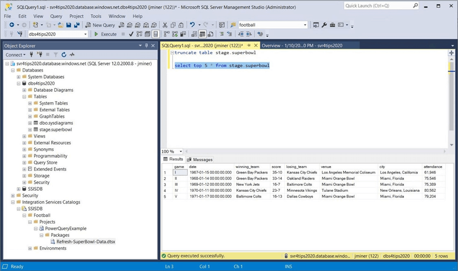 SSIS Catalog - Part 2 - The first manual execution of the package and the resulting table data.
