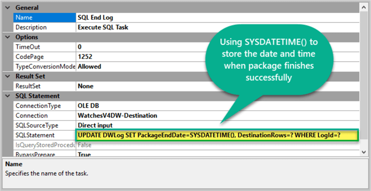 Using SYSDATETIME() as Package End Date and Time