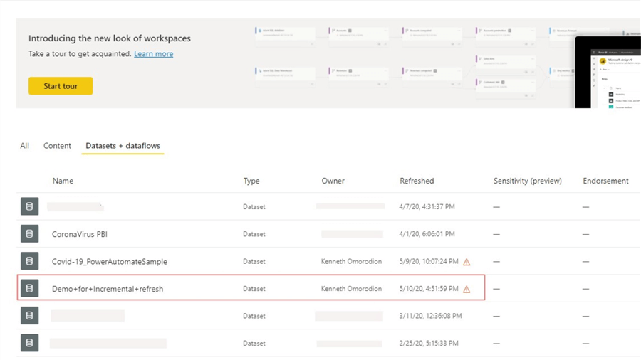Power BI Service in the Dataset window with warning