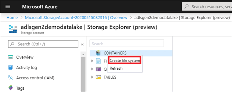 Shows the containers tab being right clicked on so that a new file system can be created