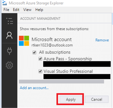 Shows the linking of your Azure account in Azure Storage Explorer