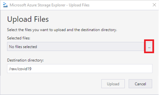 Shows the upload file screen to upload files to the data lake