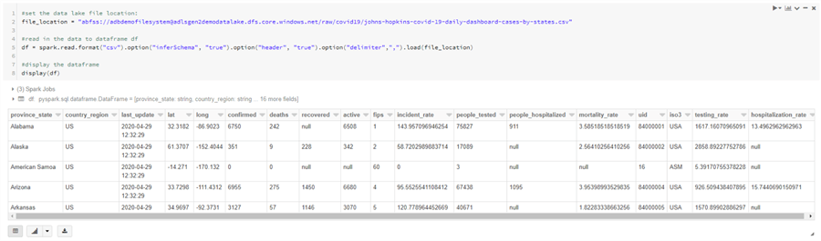 Shows the loading of data from the Datalake into a Dataframe in Databricks and then displaying that data