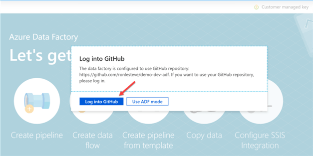 ADF step to login to GitHub