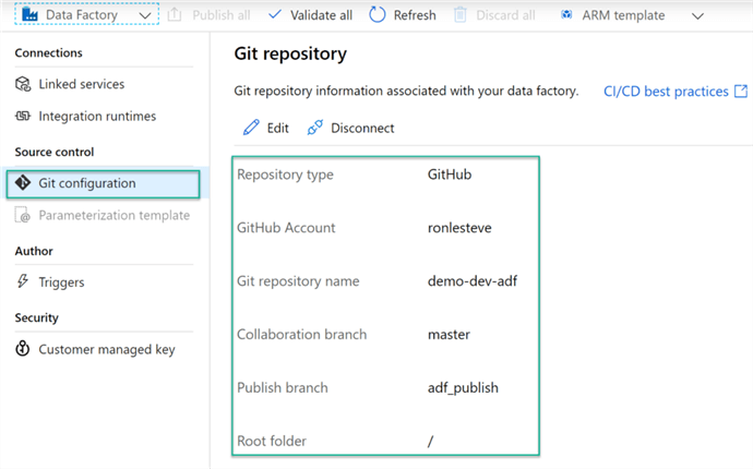 Steps to get to ADF Git configuration section