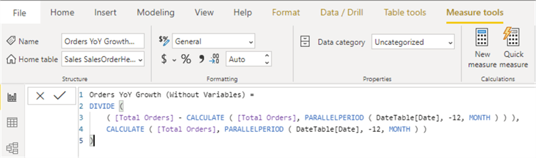 Snapshot showing DAX calculated measure without variables.