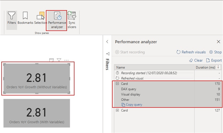Snapshot showing query refresh on performance analyser for card visual on measure without variables