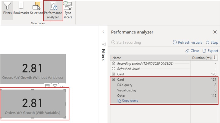 Snapshot showing query refresh on performance analyser for card visual on measure with variables