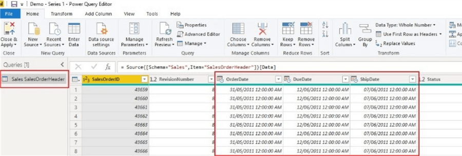 Screenshot showing SaleOrderHeader table in Power Query Editor