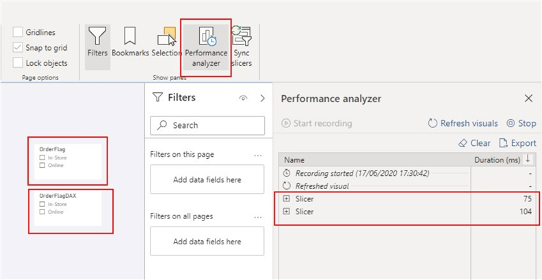 A screenshot showing refresh time via performance analyser